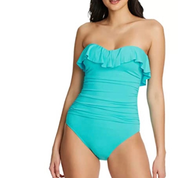 Bleu by Rod Beattie Shirred Ruffle Bandeau Mio One-Piece Swimsuit Wave Runner 8 - Picture 1 of 7